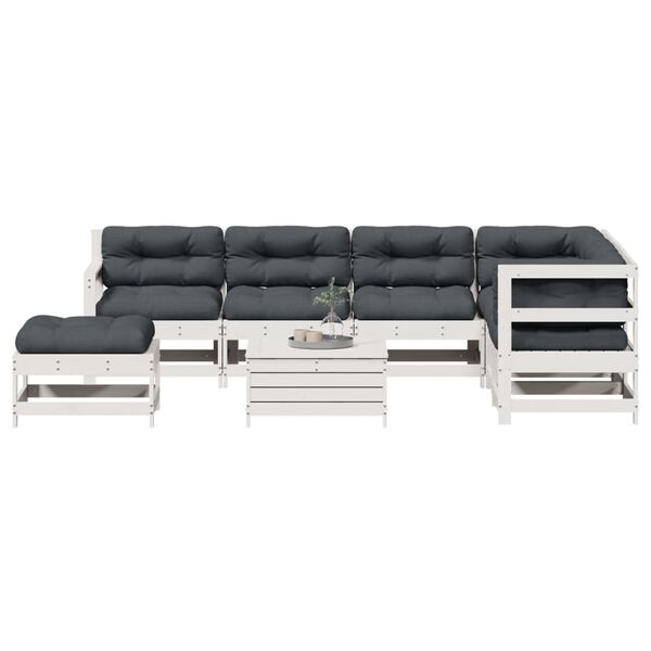 vidaXL 8 pcs conj. lounge de jardim c/ almofad&otilde;es pinho maci&ccedil;o branco