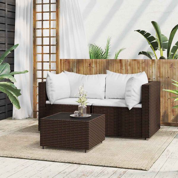 vidaXL 3 pcs conjunto lounge jardim c/ almofad&otilde;es vime PE castanho