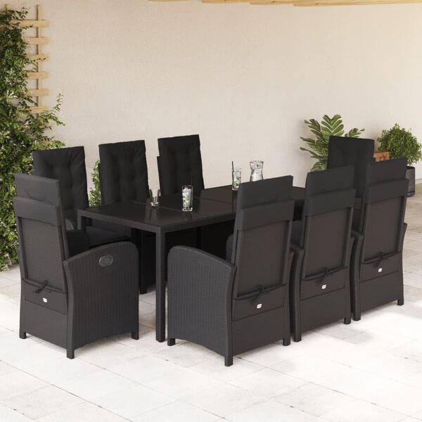 vidaXL 9 pcs conjunto de jantar p/ jardim c/ almofad&otilde;es vime PE preto