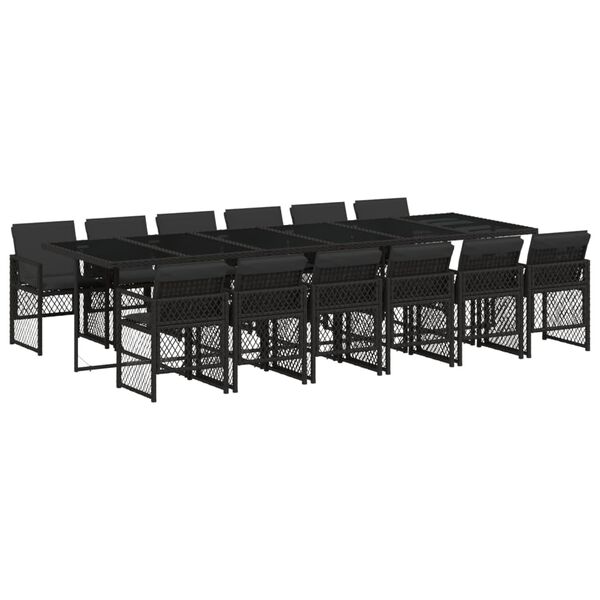 vidaXL 13 pcs conjunto de jantar p/jardim com almofad&otilde;es vime PE preto