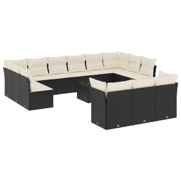 vidaXL 14 pcs conjunto de sof&aacute;s p/ jardim c/ almofad&otilde;es vime PE preto