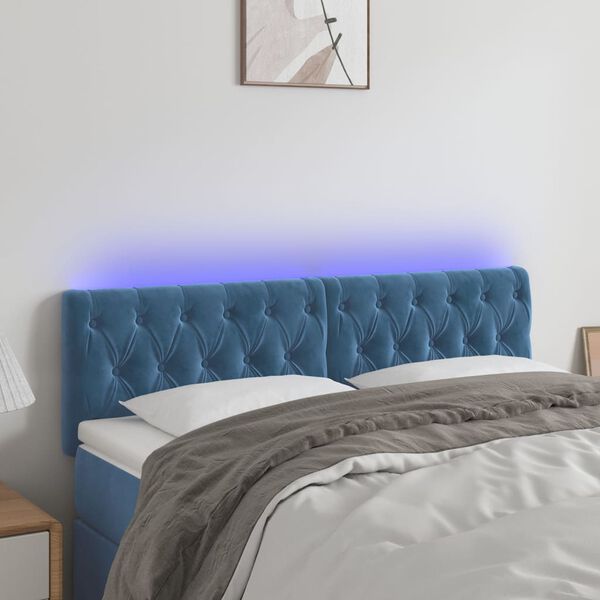 vidaXL Cabeceira de cama c/ luzes LED veludo 160x7x78/88cm azul-escuro