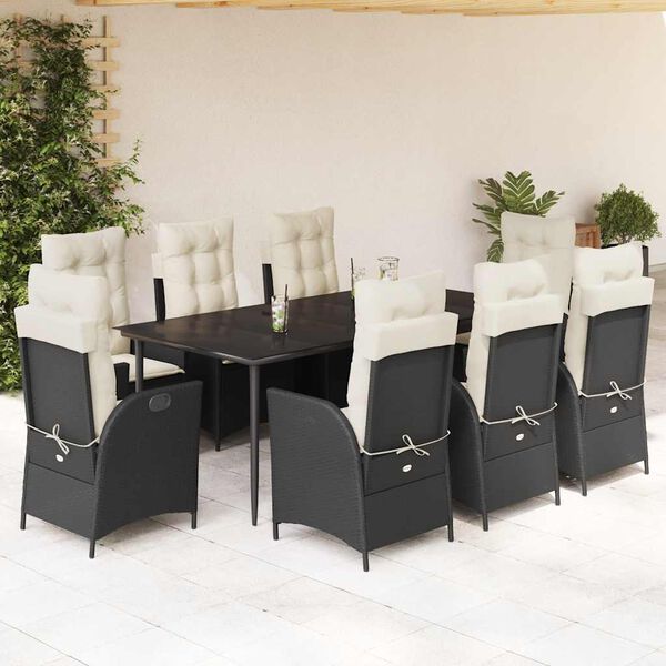 vidaXL 9 pcs conjunto de jantar p/ jardim c/ almofad&otilde;es vime PE preto