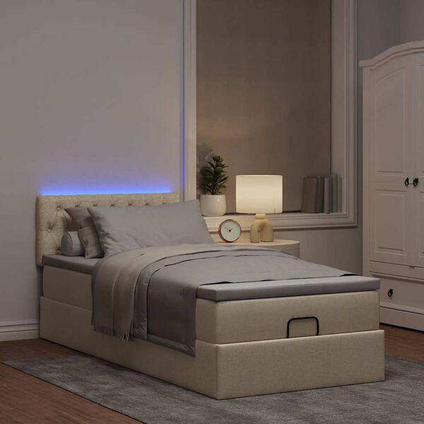 vidaXL Cama Otomana com colch&atilde;o & LEDs 90x200 cm tecido creme