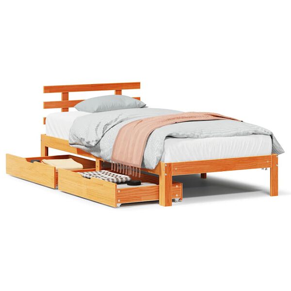 vidaXL Estrutura de cama c/ gavetas 75x190cm pinho maci&ccedil;o castanho-mel