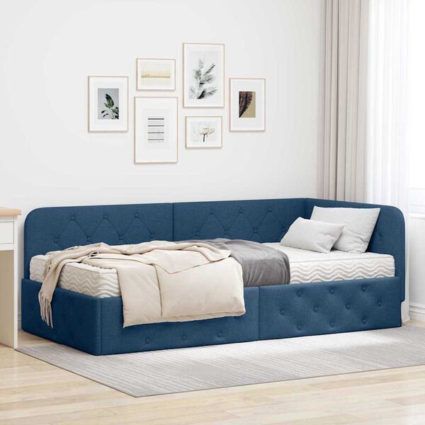 vidaXL Estrutura de Cama de Canto com colch&atilde;o Azul 100 x 200 cm tecido