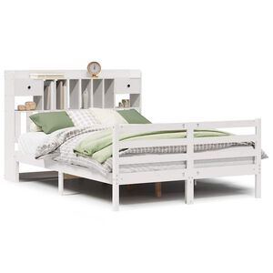vidaXL Cama com estante sem colch&atilde;o 140x190 cm pinho maci&ccedil;o branco