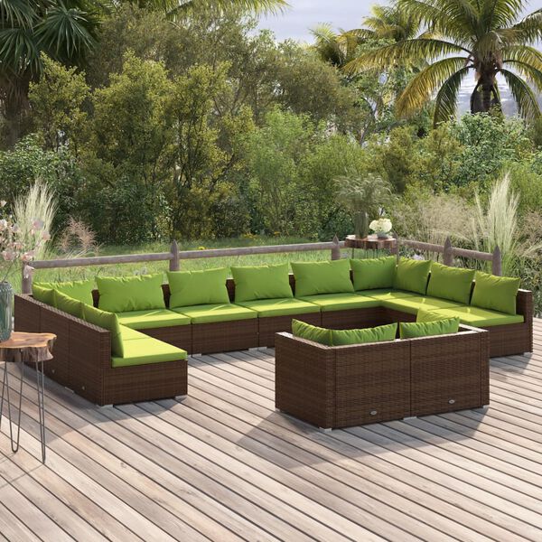 vidaXL 12 pcs conjunto lounge de jardim c/ almofad&otilde;es vime PE castanho