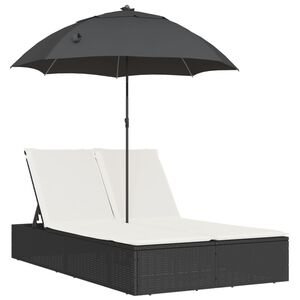 vidaXL Espregui&ccedil;adeira dupla com almofad&otilde;es e guarda-sol vime PE preto