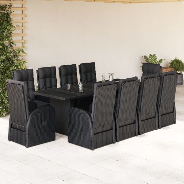 vidaXL 11 pcs conjunto de jantar p/ jardim c/ almofad&otilde;es vime PE preto