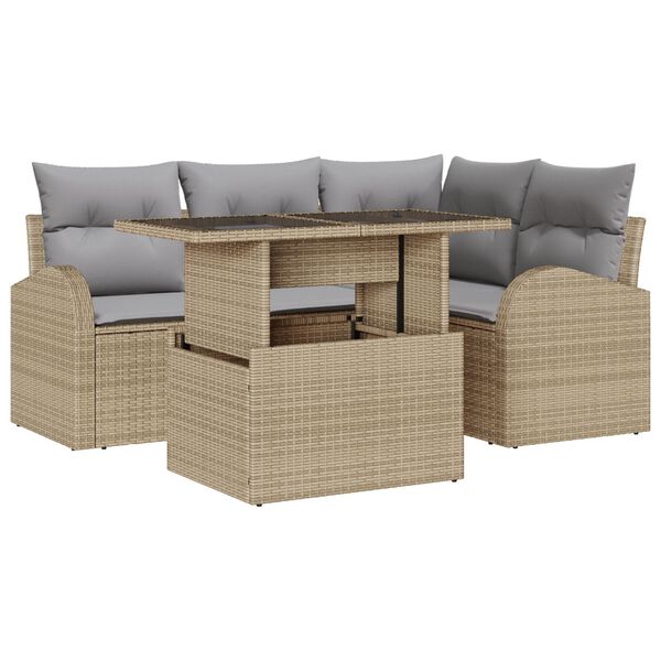 vidaXL Conjunto de Sof&aacute; de Jardim Manual 5 pcs Bege Rattan Sint&eacute;tico