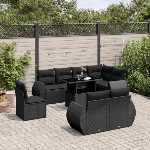 vidaXL 9 pcs conjunto de sof&aacute;s p/ jardim c/ almofad&otilde;es vime PE preto