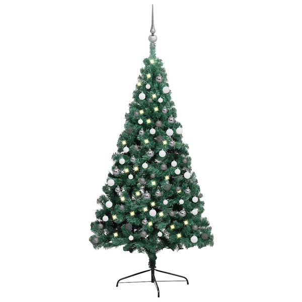 vidaXL Meia &aacute;rvore Natal artificial pr&eacute;-iluminada c/ bolas verde
