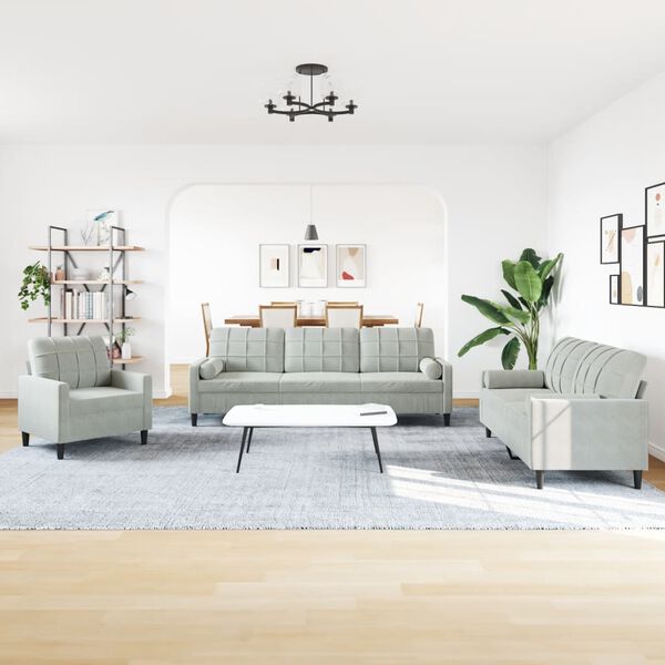 vidaXL 3 pcs conjunto sof&aacute;s com almofad&otilde;es e rolos veludo cinza-claro