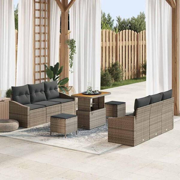 vidaXL Conjunto de Sof&aacute; de Jardim 9 pcs Cinzeto Rattan Sint&eacute;tico