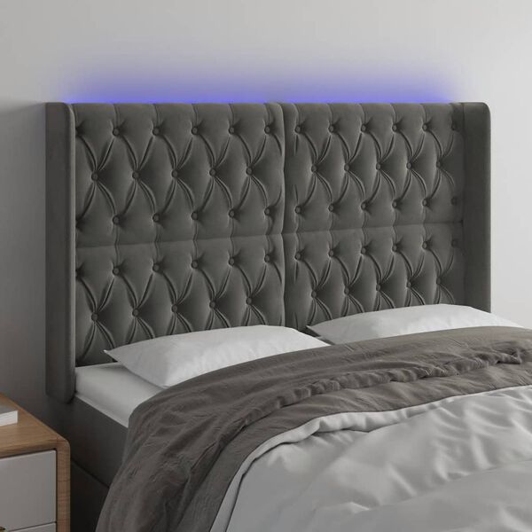 vidaXL Cabeceira de cama c/ LED veludo 147x16x118/128 cm cinza-escuro