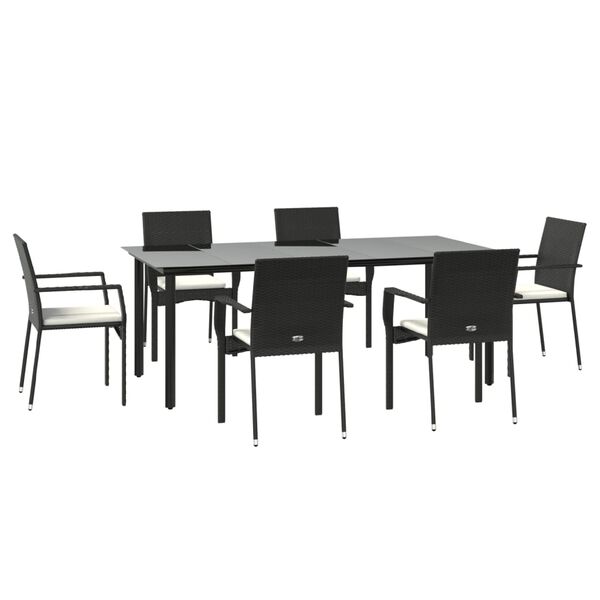 vidaXL 7 pcs conjunto de jantar p/ jardim c/ almofad&otilde;es vime PE preto