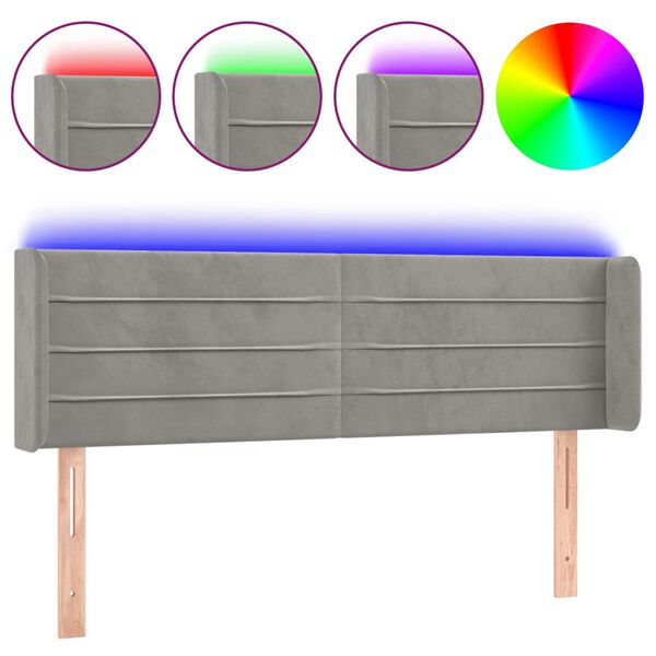 vidaXL Cabeceira cama c/ luzes LED veludo 147x16x78/88 cm cinza-claro