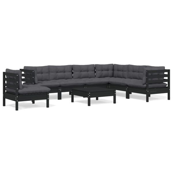 vidaXL 8 pcs conjunto lounge jardim c/ almofad&otilde;es pinho maci&ccedil;o preto