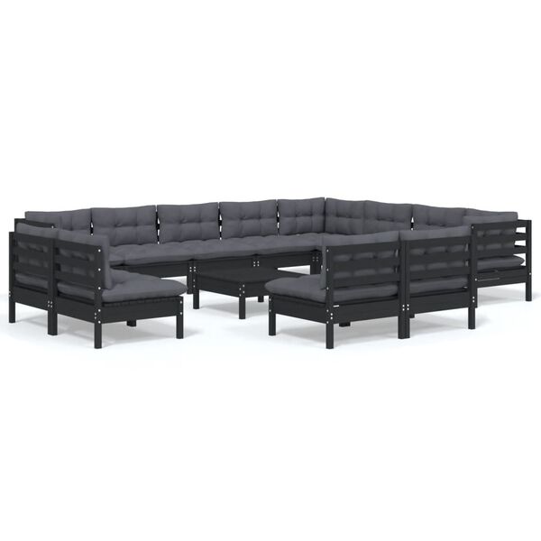 vidaXL 13 pcs conjunto lounge jardim c/ almofadões pinho maciço preto