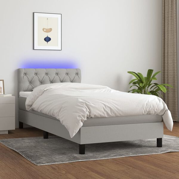 vidaXL Cama box spring c/ colch&atilde;o e LED 80x200 cm tecido cinza-claro