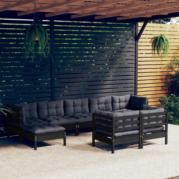 vidaXL 9 pcs conjunto lounge jardim c/ almofad&otilde;es pinho maci&ccedil;o preto