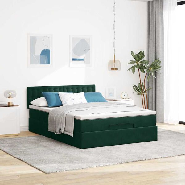 vidaXL Estrutura de cama otomana com colch&atilde;o 140x190cm verde escuro