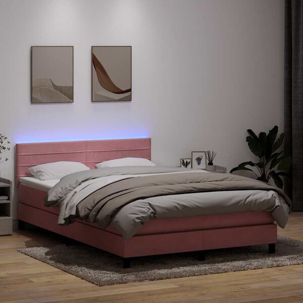 vidaXL Cama box spring c/ colch&atilde;o e LED 140x210 cm veludo Rosa