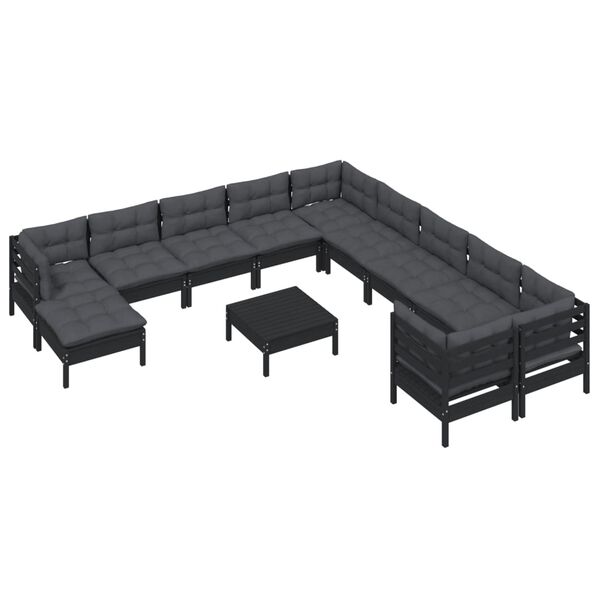 vidaXL 12 pcs conjunto lounge de jardim c/ almofad&otilde;es pinho preto