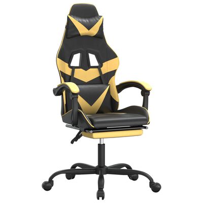 vidaXL Cadeira gaming giratória + apoio couro artificial preto/dourado