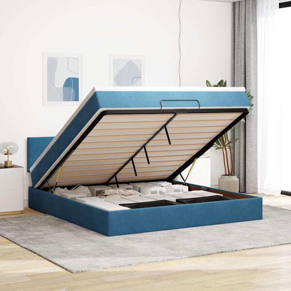 vidaXL Estrutura de cama otomana com colch&atilde;o 160x200 cm azul escuro