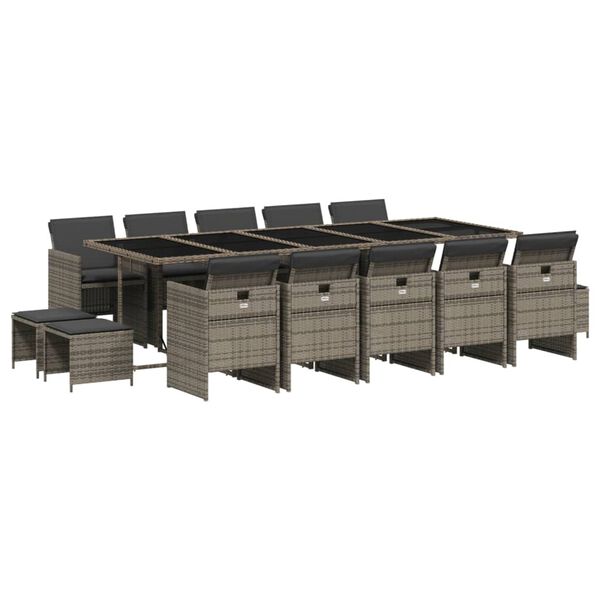 vidaXL 15 pcs conjunto jantar p/ jardim c/ almofad&otilde;es vime PE cinzento