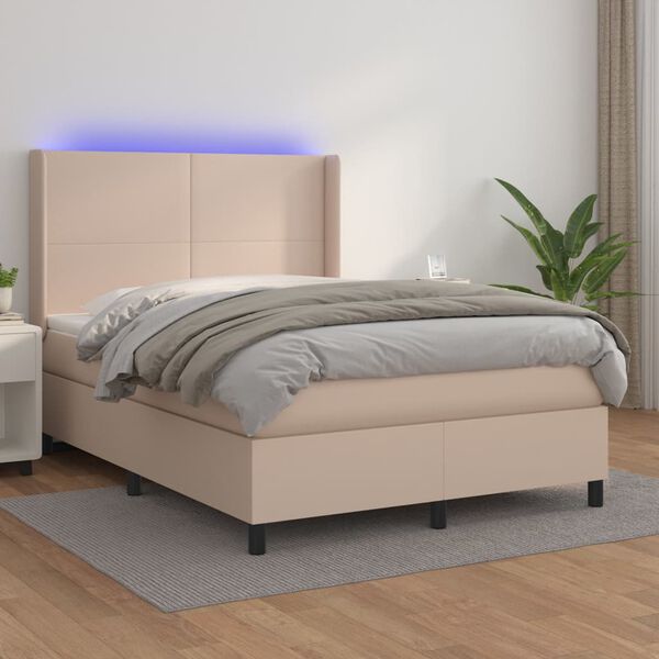 vidaXL Cama box spring c/colch&atilde;o/LED 140x200cm couro artif. cappuccino