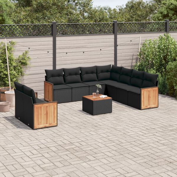 vidaXL 10 pcs conjunto sof&aacute;s de jardim c/ almofad&otilde;es vime PE preto