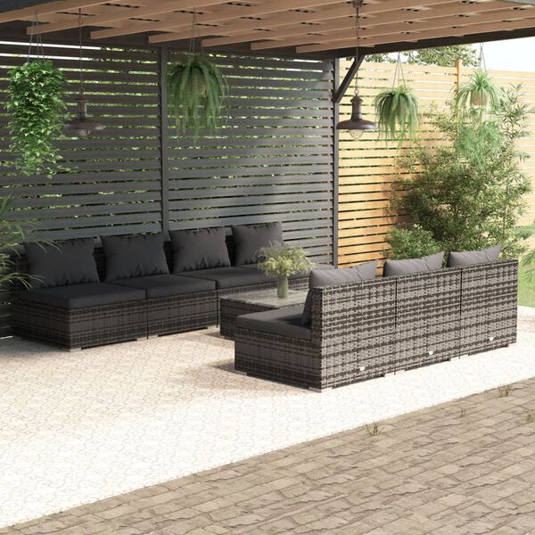 vidaXL 8 pcs conjunto lounge de jardim c/ almofad&otilde;es vime PE cinzento