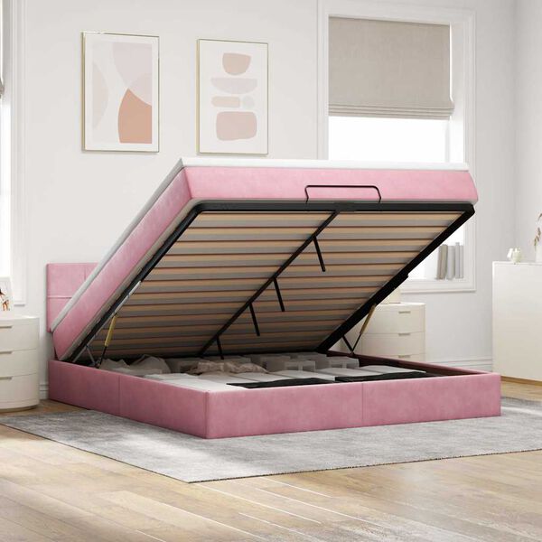 vidaXL Estrutura de cama otomana com colch&atilde;o 160x200 cm veludo rosa