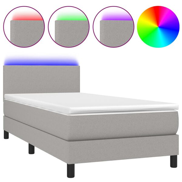 vidaXL Cama box spring c/ colch&atilde;o e LED 90x190 cm tecido cinza-claro