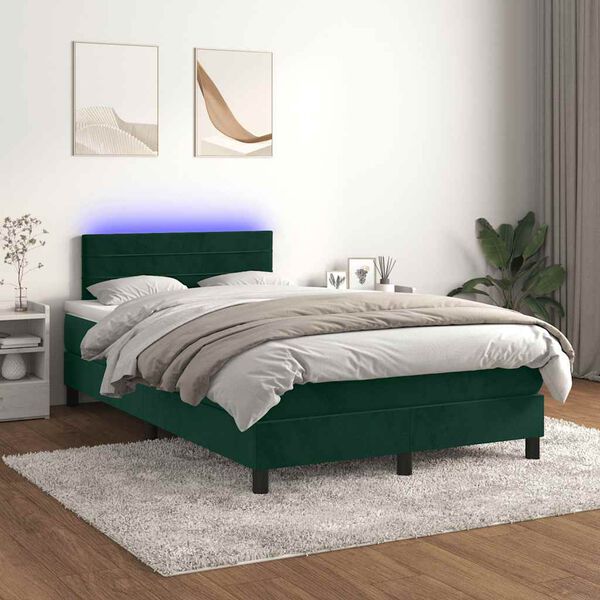 vidaXL Cama box spring c/ colch&atilde;o/LED 120x200 cm veludo verde-escuro