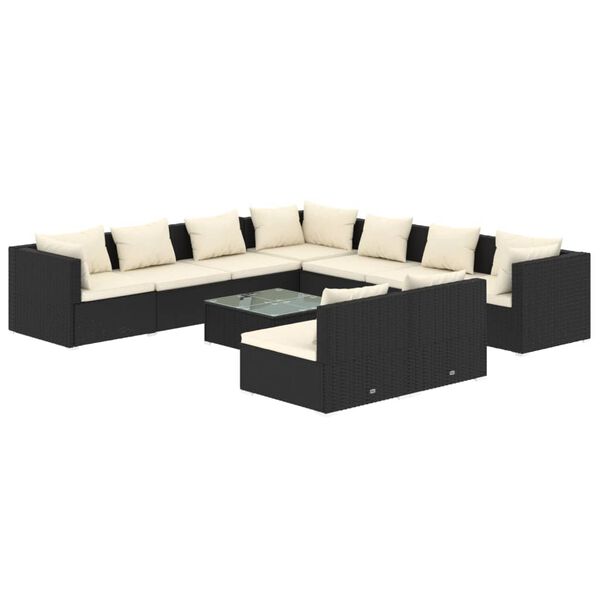 vidaXL 10 pcs conjunto lounge de jardim c/ almofad&otilde;es vime PE preto
