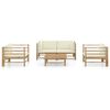 vidaXL 5 pcs conj. lounge p/ jardim em bambu c/ almofadões branco nata