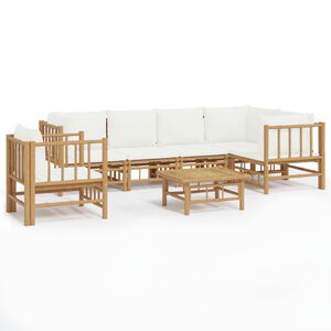 vidaXL 7 pcs conjunto lounge de jardim bambu c/ almofadões branco nata