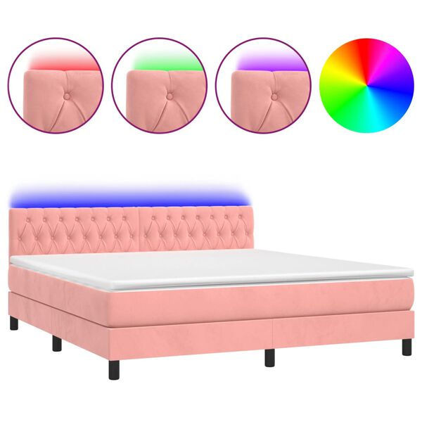 vidaXL Cama box spring c/ colch&atilde;o/LED 180x200 cm veludo rosa