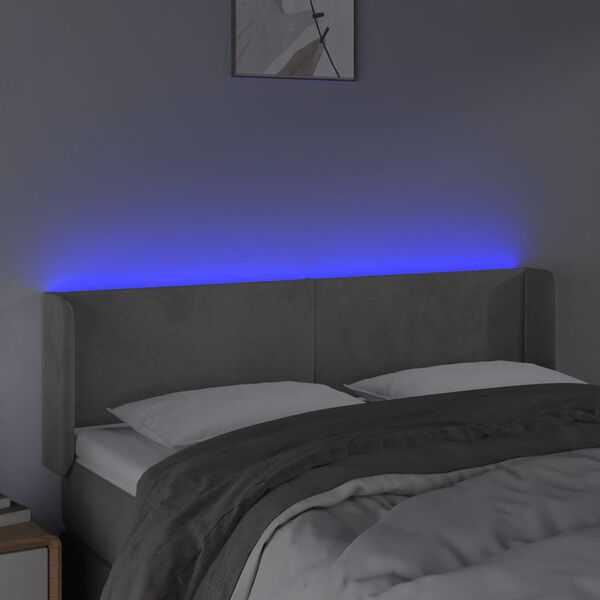 vidaXL Cabeceira cama c/ luzes LED veludo 147x16x78/88 cm cinza-claro