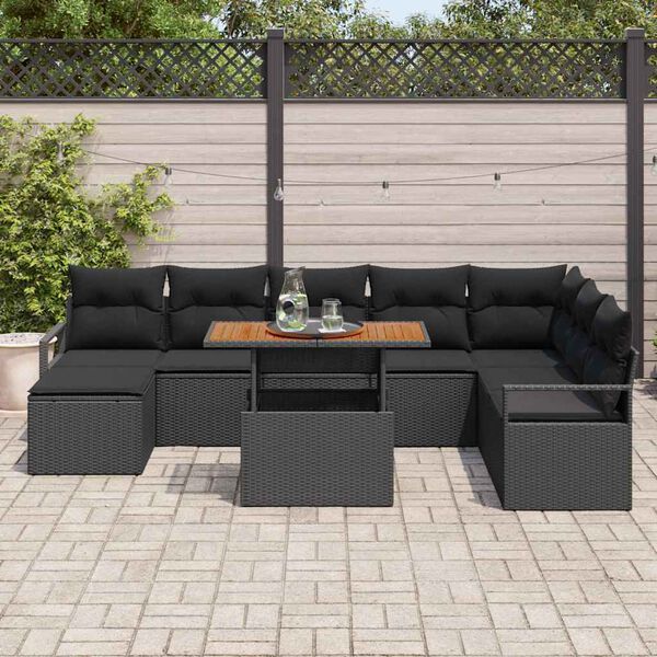 vidaXL Conjunto de Sof&aacute; de Jardim com almofada 9 pcs Preto e Marrom
