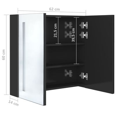 vidaXL Armário espelhado casa de banho LED 62x14x60cm preto brilhante