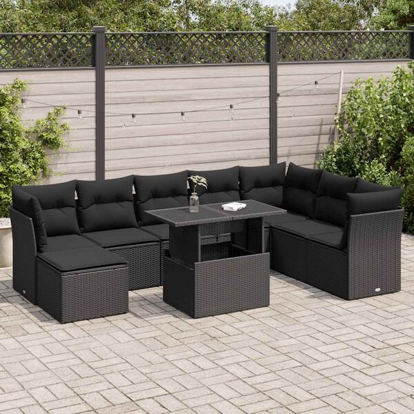 vidaXL 9 pcs conjunto de sof&aacute;s p/ jardim c/ almofad&otilde;es vime PE preto