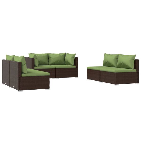 vidaXL 6 pcs conjunto lounge de jardim c/ almofad&otilde;es vime PE castanho