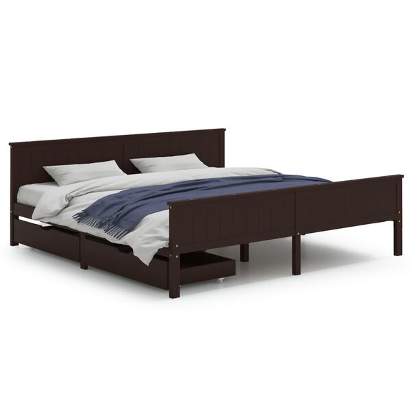 vidaXL Cama com 2 gavetas 200x200 cm pinho maci&ccedil;o castanho-escuro