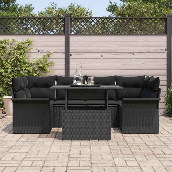 vidaXL Conjunto de Sof&aacute; de Jardim 7 pcs Preto Rattan Sint&eacute;tico