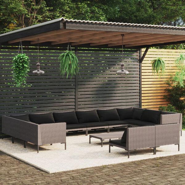 vidaXL 13 pcs conj. lounge jardim c/ almofadões vime PE cinza-escuro